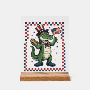 Patriotisches Alligator Hot Dog Flag Vintage Shirt Acrylschild
