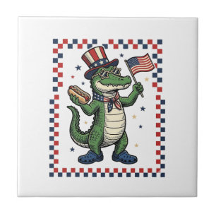 Patriotisches Alligator Hot Dog Flag Vintage-Shirt Fliese