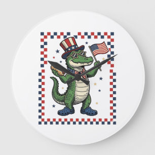 Patriotisches Alligator Hot Dog Flag Vintage-Shirt Große Wanduhr