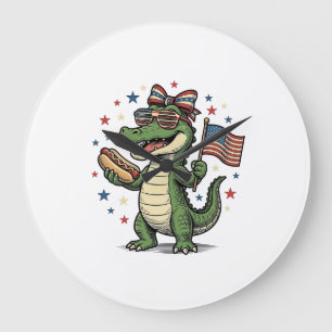 Patriotisches Alligator Hot Dog Vintage Vector T-S Große Wanduhr
