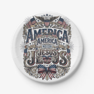 Patriotisches Amerika braucht Jesus Vintage T-Shir Pappteller
