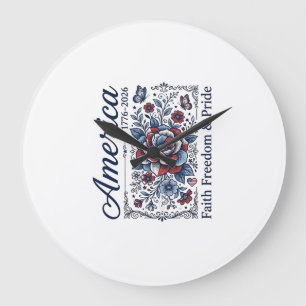 Patriotisches Amerika Florales Vintage-Shirt-Desig Große Wanduhr