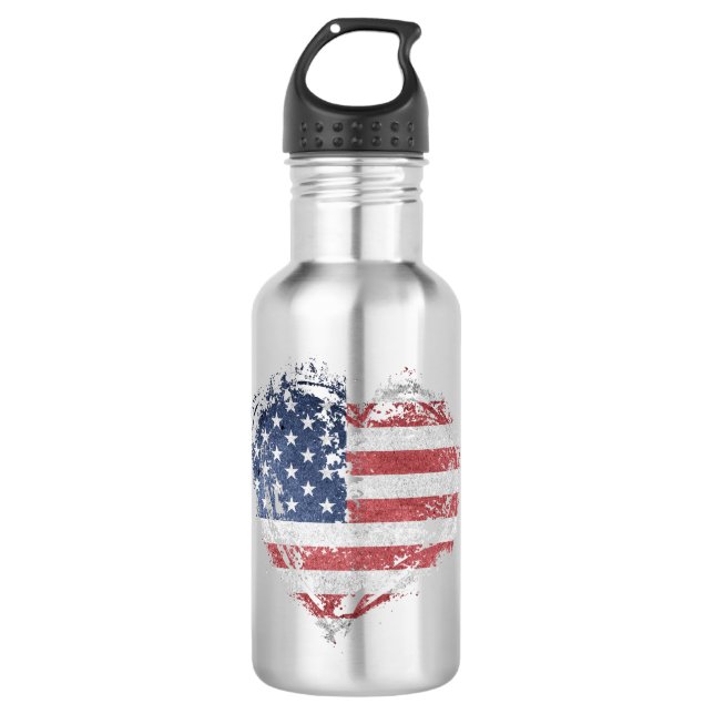 Patriotisches amerikanisches Herz in Grunge Edelstahlflasche (Vorderseite)