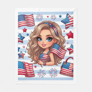 Patriotisches amerikanisches Mädchen mit Flaggen F Fleecedecke