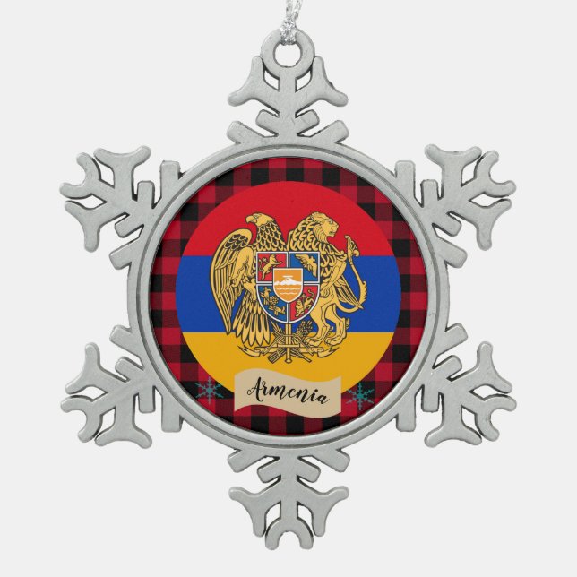 Patriotisches Armenien, Büffel kariert, armenische Schneeflocken Zinn-Ornament (Vorderseite)