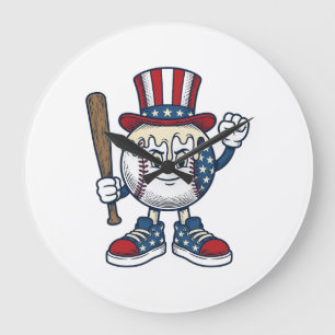 Patriotisches Baseball-Maskottchen Vintage-Stich-D Große Wanduhr