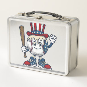 Patriotisches Baseball-Maskottchen Vintage-Stich-D Metall Brotdose