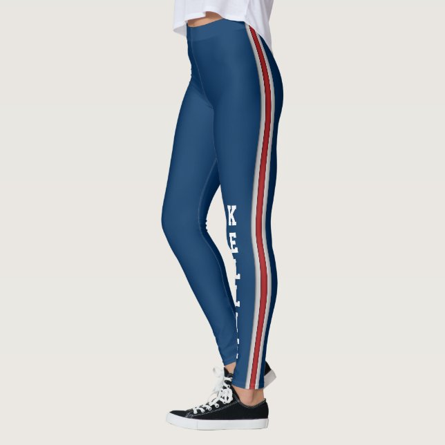 Patriotisches Blau mit rotem und weißem Teamstreif Leggings (Links)