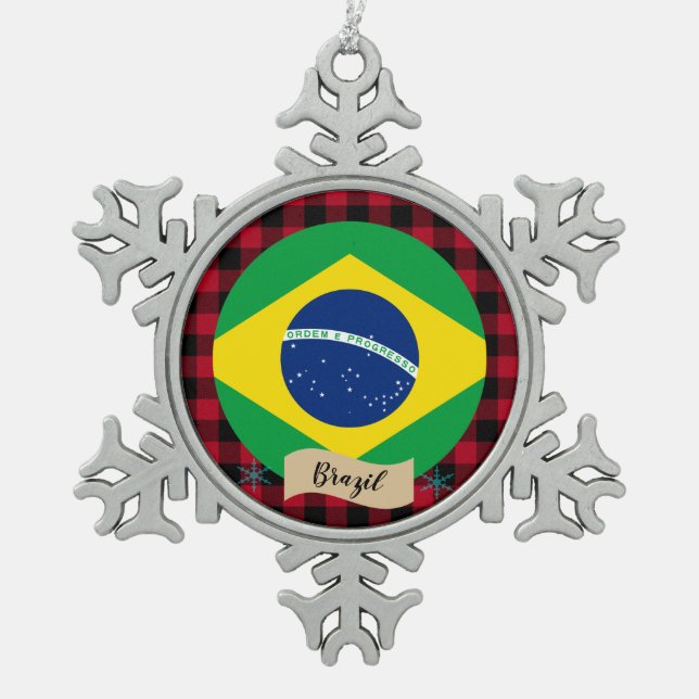 Patriotisches Brasilien, Büffel kariert, brasilian Schneeflocken Zinn-Ornament (Vorderseite)