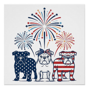 Patriotisches Bulldog-Feuerwerk Vintage-Vektordesi Poster