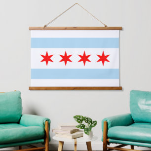 Patriotisches Chicago-Tapisserie, Chicago-Flagge Wandteppich Mit Holzrahmen