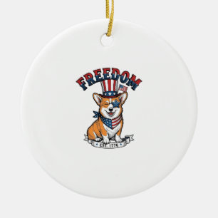 Patriotisches Corgi-Freiheits-T-Shirt mit Vintage- Keramik Ornament