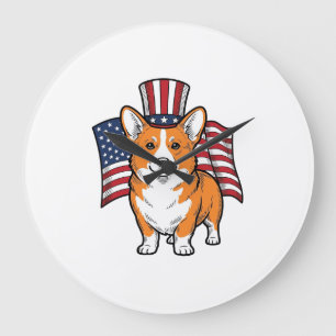 Patriotisches Corgi Vintage-Stickerei-Shirt-Design Große Wanduhr
