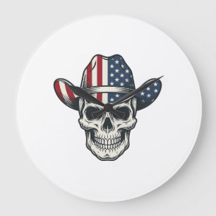 Patriotisches Cowboy-Schädel-Vintage-Stickerei-Shi Große Wanduhr
