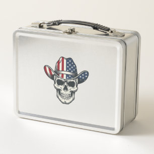 Patriotisches Cowboy-Totenkopf-Shirt mit Vintage-P Metall Brotdose