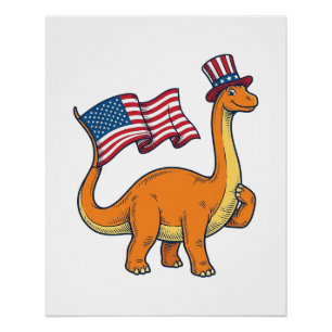 Patriotisches Dinosaurier-Flagge Vintage-Stickerei Poster