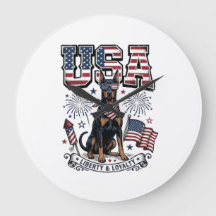 Patriotisches Dobermann-USA-Vintage-Stickerei-Shir Große Wanduhr