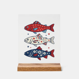 Patriotisches Drei-Fisch-Vintage-Stickerei-Shirt-D Acrylschild