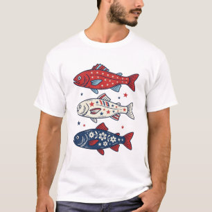 Patriotisches Drei-Fisch-Vintage-Stickerei-Shirt-D T-Shirt