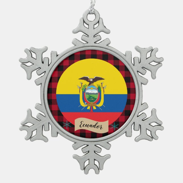 Patriotisches Ecuador, kariertes Rotes Büffel, Ecu Schneeflocken Zinn-Ornament (Vorderseite)