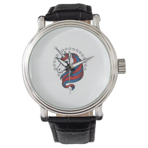 Patriotisches Einhorn Vintage Gravur Vektor Design Armbanduhr