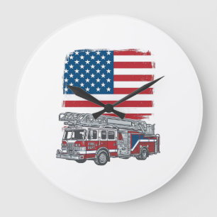 Patriotisches Feuerwehrauto Amerikanische Flagge V Große Wanduhr
