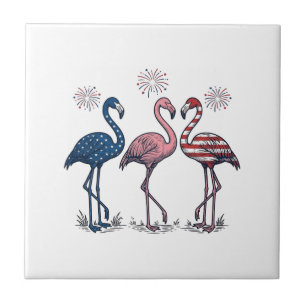 Patriotisches Flamingo-Trio Vintage-Stich-Design_1 Fliese