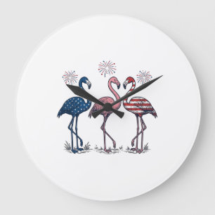 Patriotisches Flamingo-Trio Vintage-Stich-Design_1 Große Wanduhr