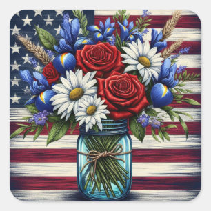Patriotisches, florales, abgenutztes amerikanische quadratischer aufkleber