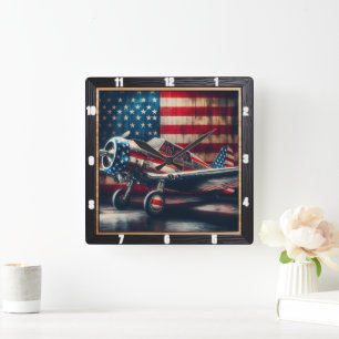 Patriotisches Flugzeug mit amerikanischer Flagge Quadratische Wanduhr