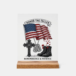 Patriotisches Gedenkkreuz Stiefel Mohnflagge Shirt Acrylschild