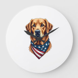 Patriotisches Golden Retriever-Bandana-Vintage-T-S Große Wanduhr