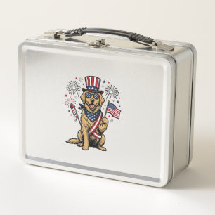 Patriotisches Golden Retriever Feuerwerk Vintage-S Metall Brotdose