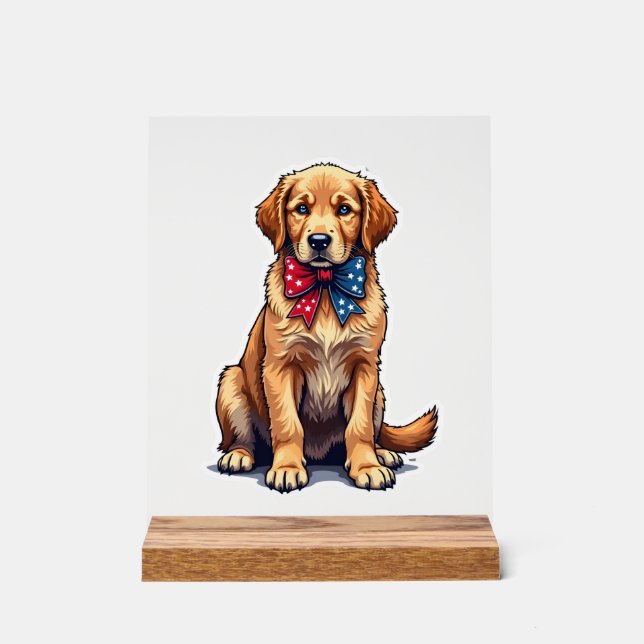 Patriotisches Golden Retriever Welpen Vintage-Shir Acrylschild (Vorderseite)