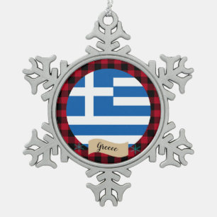 Patriotisches Griechenland, kariert roter Büffel, Schneeflocken Zinn-Ornament
