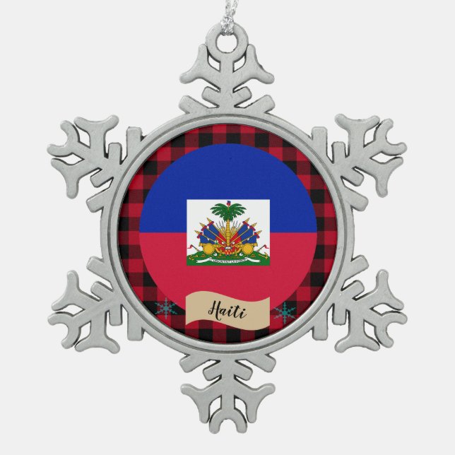 Patriotisches Haiti, kariert roter Büffel, haitian Schneeflocken Zinn-Ornament (Vorderseite)