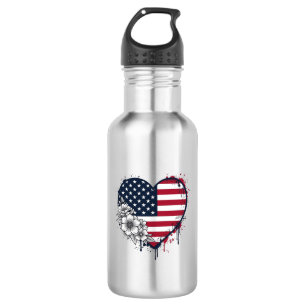 Patriotisches Herz Blumiges Vintage-Stichdesign_1 Edelstahlflasche