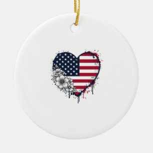 Patriotisches Herz Blumiges Vintage-Stichdesign_1 Keramik Ornament