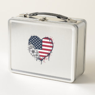 Patriotisches Herz Blumiges Vintage-Stichdesign_1 Metall Brotdose