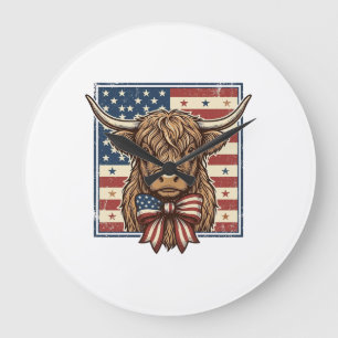Patriotisches Highland-Kuh-Vintage-Stich-Shirt-Des Große Wanduhr