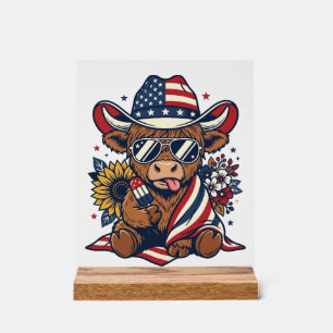 Patriotisches Highland-Kuh-Vintage-Stickerei-Shirt Acrylschild