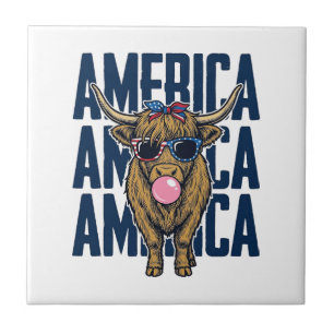 Patriotisches Highland-Rind Amerika Vintage T-Shir Fliese