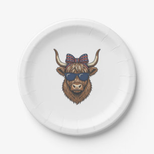 Patriotisches Highland-Rind Vintage-Stich-Design_1 Pappteller