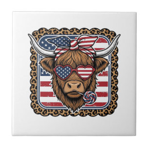 Patriotisches Highland-Rind Vintage-Stich-Design ( Fliese