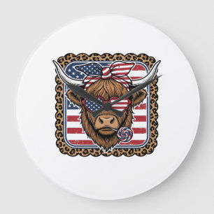 Patriotisches Highland-Rind Vintage-Stich-Design ( Große Wanduhr