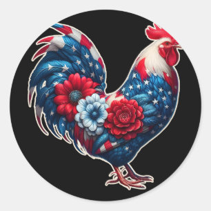 Patriotisches Huhn 4. Juli USA-Flagge Floral Chic Runder Aufkleber