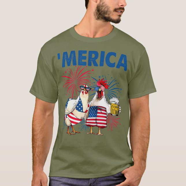 Patriotisches Hühnchen Merica 4. Juli Biertag T-Shirt (Vorderseite)