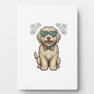 Patriotisches Hund-Feuerwerk Vintage-Shirt-Design  Fotoplatte