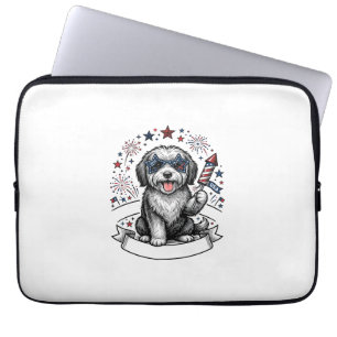 Patriotisches Hund-Feuerwerk Vintage-Vektor-Shirt_ Laptopschutzhülle