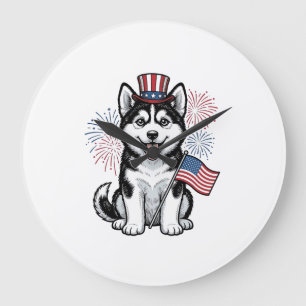 Patriotisches Husky-Welpen-Vintage-Gravur-Shirt-De Große Wanduhr
